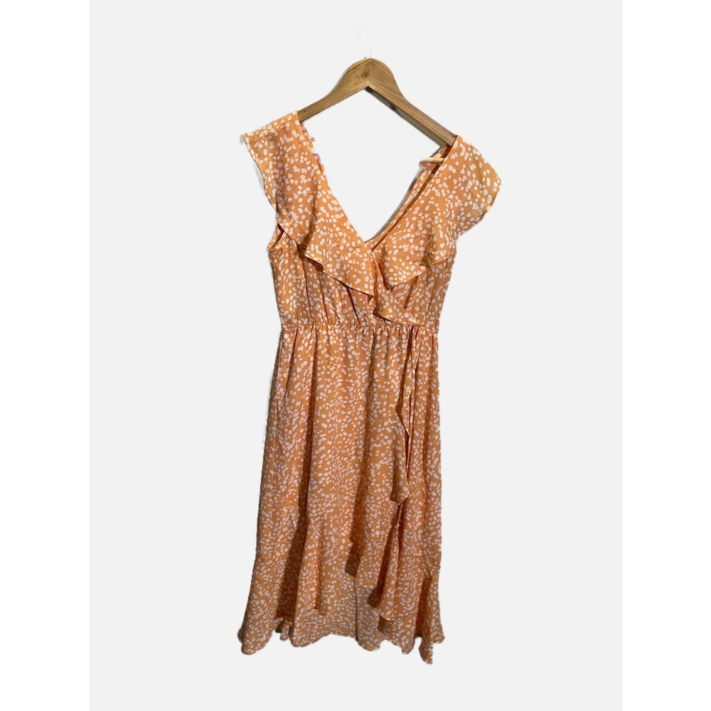 Socialite Faux Wrap Dress Womens Medium Orange White Ruffle High Low Summer Boho